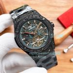 Copy Hublot Classic Fusion Skeleton Blackish Green Dial With Diamonds Bezel Watch